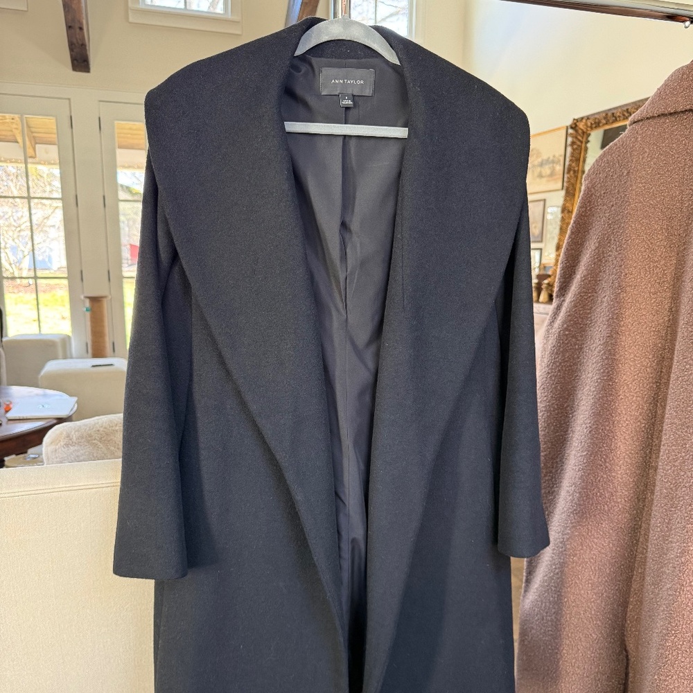 Ann Taylor Black Belted Shawl Collar Wool Blend Wrap Coat